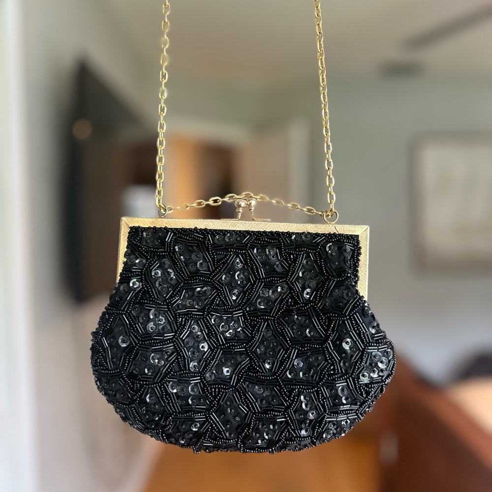 Vintage Black Beaded Clutch Evening Purse With Metal Strap Made in Hong Kong
